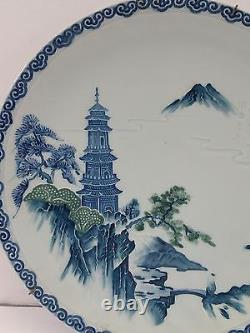 Antique Pair of Chinese Hand Painted Blue & White Chargers Plates Dish