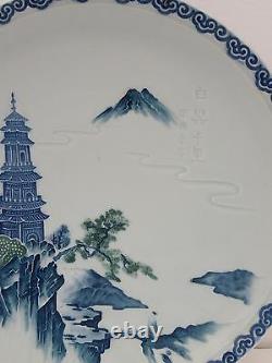 Antique Pair of Chinese Hand Painted Blue & White Chargers Plates Dish