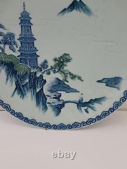 Antique Pair of Chinese Hand Painted Blue & White Chargers Plates Dish