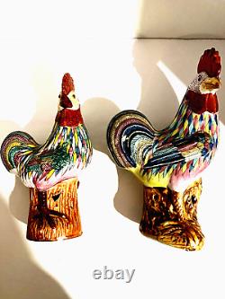 Antique Pair of Chinese Porcelain Hand Painted Rooster Chicken Famille Signed