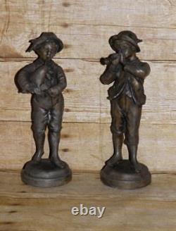 Antique Pair of Edwardian Musical Playing Boys Spelter Figures Signed Kessler