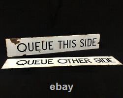 Antique Pair of Enamel Signs / Shop Display Advertising Sign / Queue This Side