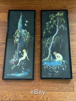 Antique Pair of Framed Signed Marygold Nymph Art Deco Prints, early 1920s