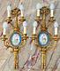 Antique Pair Of French Bronze And Signed Watteau Sevres Porcelain Wall Sconces