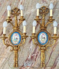 Antique Pair of French Bronze and Signed Watteau Sevres Porcelain Wall Sconces