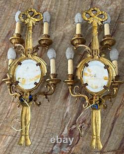 Antique Pair of French Bronze and Signed Watteau Sevres Porcelain Wall Sconces