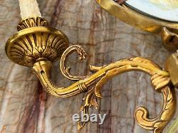 Antique Pair of French Bronze and Signed Watteau Sevres Porcelain Wall Sconces