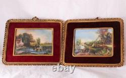 Antique Pair of German Paintings Oil on Celluloid Bucolic Scenes signed c. 1890s