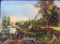 Antique Pair of German Paintings Oil on Celluloid Bucolic Scenes signed c. 1890s