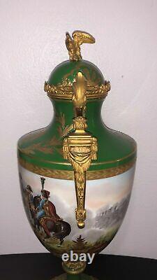 Antique Pair of Green Sevres Urns with coves Napoleonic battles signed XXRARE