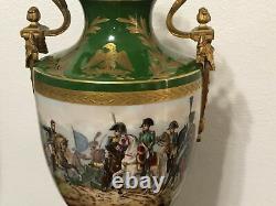 Antique Pair of Green Sevres Urns with coves Napoleonic battles signed XXRARE