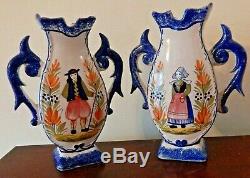 Antique Pair of Handled Vases Urns Jugs Signed HENRIOT QUIMPER FRANCE 120