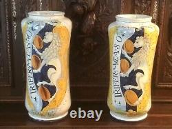 Antique Pair of Italian Albarello Apothecary Pharmacy Jars Hand Painted Signed