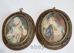 Antique Pair of Lovers Oval Pictures 1800's 19th C. Hand Painted Signed Perron