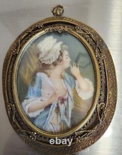 Antique Pair of Lovers Oval Pictures 1800's 19th C. Hand Painted Signed Perron