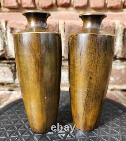 Antique Pair of Mitsufune Japanese Bronze Vases Metal Inlays Meiji Period Signed