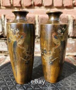 Antique Pair of Mitsufune Japanese Bronze Vases Metal Inlays Meiji Period Signed