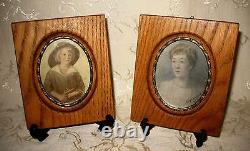 Antique Pair of Oak Framed Signed Miniature Hand Painted Portraits dated 1911