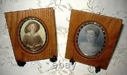 Antique Pair of Oak Framed Signed Miniature Hand Painted Portraits dated 1911