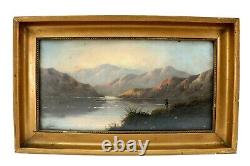 Antique Pair of Oil on Canvas Mountain Lake Fishing Scene Signed Lesler 19th Cen
