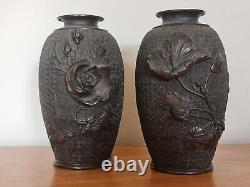 Antique Pair of Rose Decorated Japanese Meiji Bronze Baluster Vases Signed