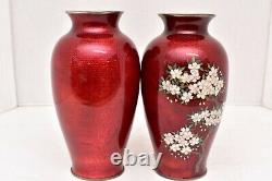 Antique Pair of Yamamoto Japanese Cloisonne Vases Signed 7.5 Tall Pigeon Blood