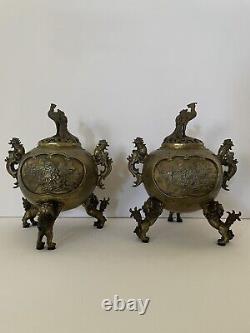 Antique Pair signed Chinese Bronze Censer Incense Burner