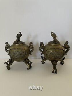 Antique Pair signed Chinese Bronze Censer Incense Burner