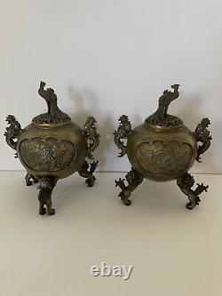 Antique Pair signed Chinese Bronze Censer Incense Burner