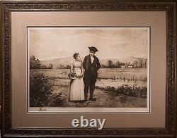 Antique Phoebe D. Natt Original Etching, Signed, Framed & FINE! Loving Couple