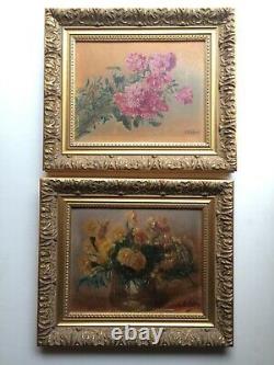 Antique Postimpressionist Oil painting Pair of Bouquet Flowers signed