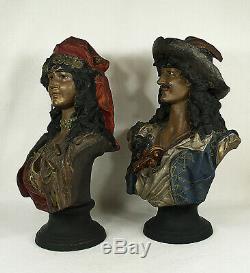 Antique Pottery Bust Blackamoor Gypsy Busts Pair Signed R. Sturm