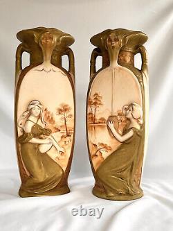 Antique ROYAL DUX CZECH Bohemian Vases Artist Signed Pair Antique Royal Dux