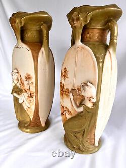 Antique ROYAL DUX CZECH Bohemian Vases Artist Signed Pair Antique Royal Dux
