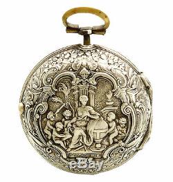 Antique Repousse Pair Case Verge Pocket Watch C1727 Fancy Dial Signed D. Cochin