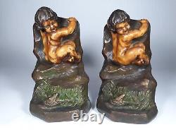 Antique SIGNED S. MORANI Heavy ARMOR BRONZE CLAD Bookends Child Boy Frog Statue