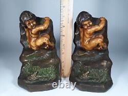 Antique SIGNED S. MORANI Heavy ARMOR BRONZE CLAD Bookends Child Boy Frog Statue