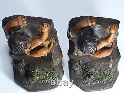 Antique SIGNED S. MORANI Heavy ARMOR BRONZE CLAD Bookends Child Boy Frog Statue