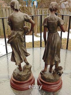 Antique STATUES pair set spelter signed J. CAUSSE 19 tall heavy