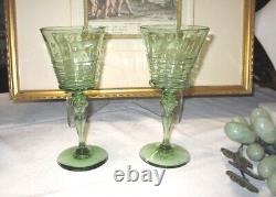 Antique STEUBEN Frederick Carder Spanish Green Threaded Wine Glass Pair Signed