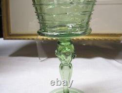 Antique STEUBEN Frederick Carder Spanish Green Threaded Wine Glass Pair Signed