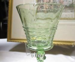 Antique STEUBEN Frederick Carder Spanish Green Threaded Wine Glass Pair Signed