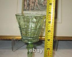 Antique STEUBEN Frederick Carder Spanish Green Threaded Wine Glass Pair Signed