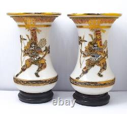 Antique Satsuma Moriage Pair Vases, signed. With wooden stands