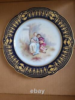 Antique Sevres France Handpainted Plate Courting Couple Signed Cobalt Blue Gold