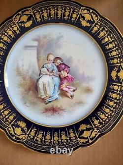 Antique Sevres France Handpainted Plate Courting Couple Signed Cobalt Blue Gold