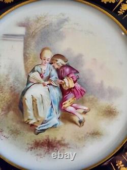 Antique Sevres France Handpainted Plate Courting Couple Signed Cobalt Blue Gold