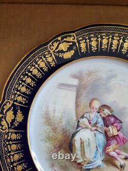 Antique Sevres France Handpainted Plate Courting Couple Signed Cobalt Blue Gold