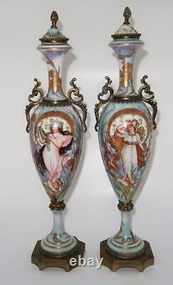 Antique Sevres French Ca. 1771 Signed Iridescent Maidens Pair of Urn 17 1/4