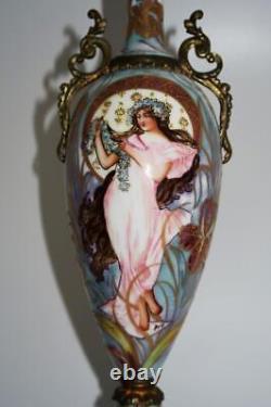 Antique Sevres French Ca. 1771 Signed Iridescent Maidens Pair of Urn 17 1/4